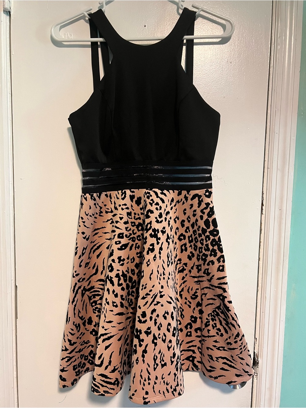 City Triangles Black Bodice with Tan Leopard Skirt Dress
